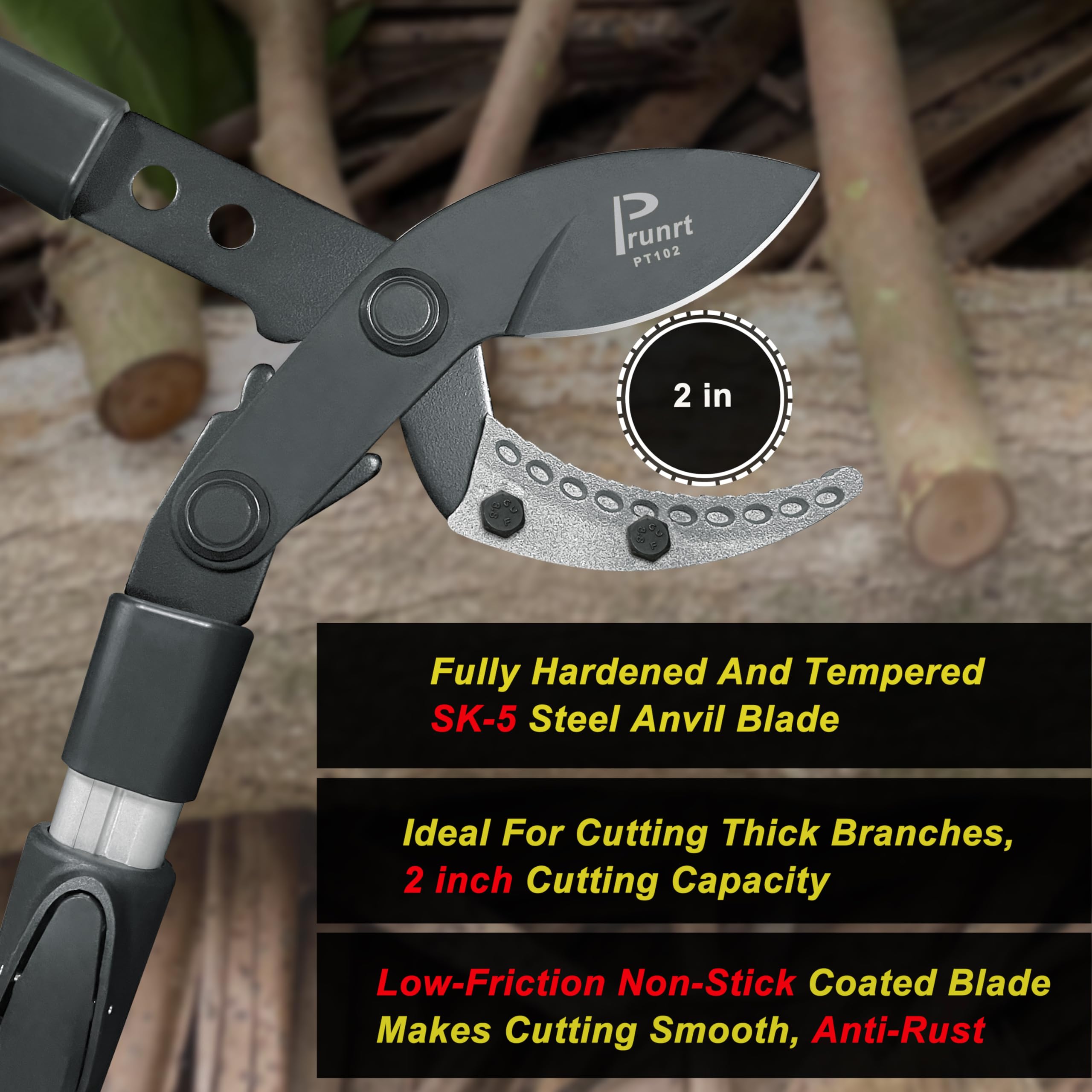 Prunrt ergonomic non-slip grips maximize comfort and control.