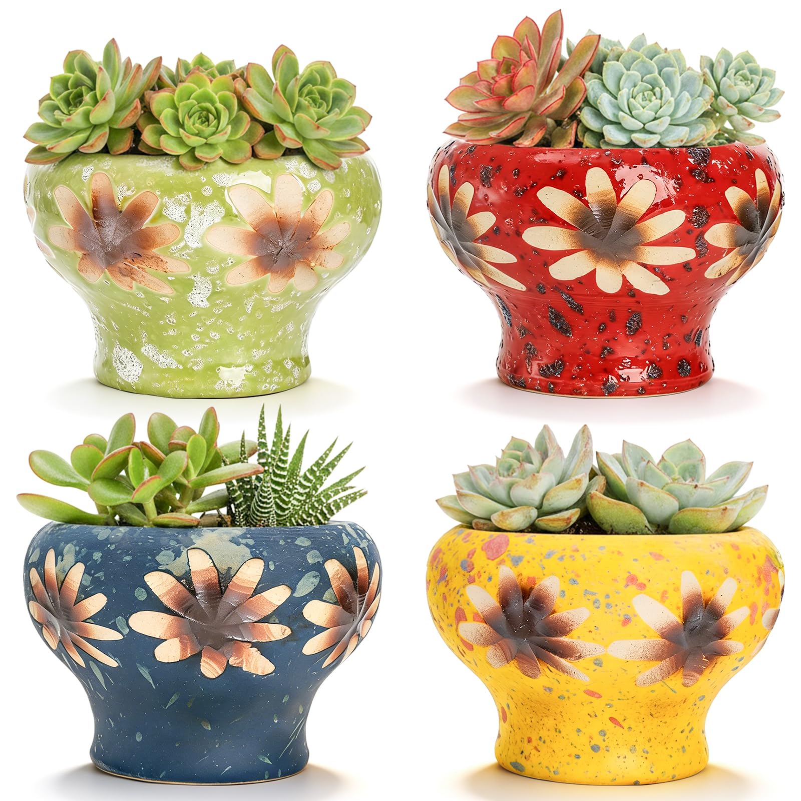 Prygew four-pack succulent planters with sunflower design for bright windowsill display