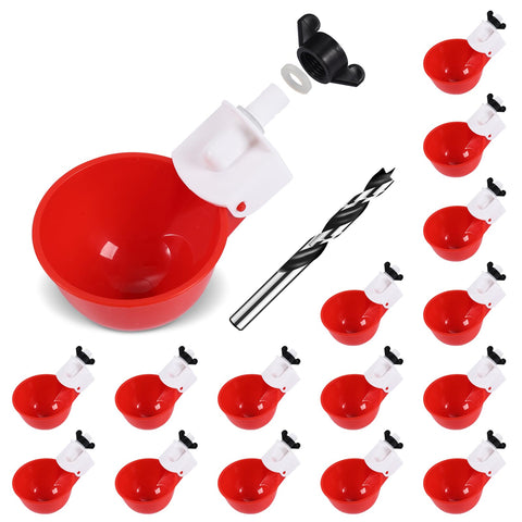 Psarnuk chicken waterer cups 16-pack red provide steady flock hydration.
