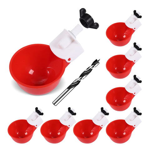 Psarnuk chicken waterer cups eight-pack in red ready for flock hydration