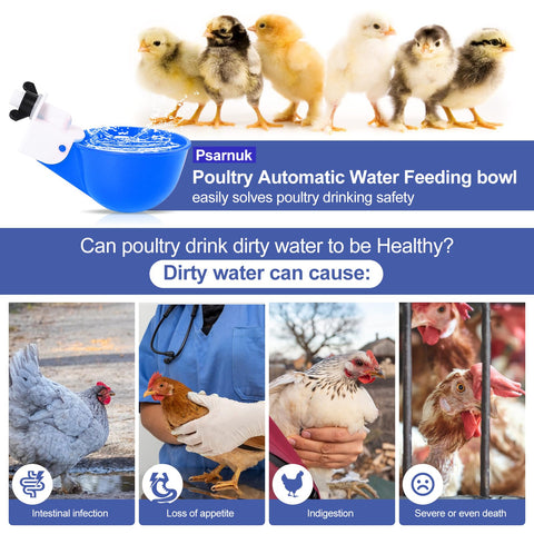 Psarnuk waterer cups blue installed on a bucket for steady water supply.