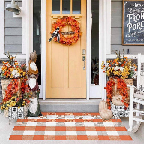 Pseutio Buffalo Plaid Rug on patio showcases rugged outdoor-ready fabric.