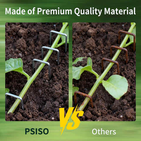 PSISO stake secures weed barrier fabric and irrigation tubing