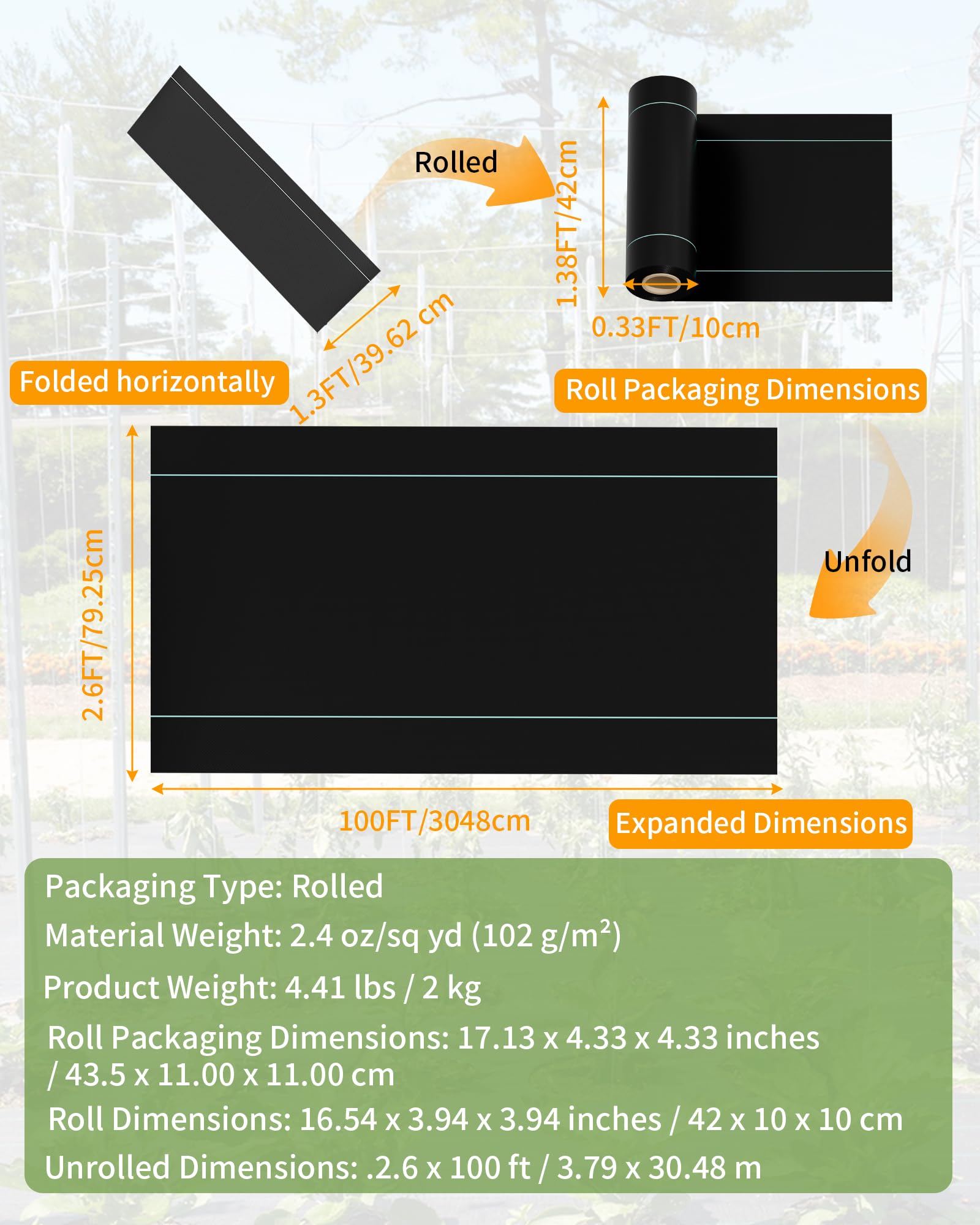 Pterying heavy-duty landscape fabric install guide with green stripes for alignment.