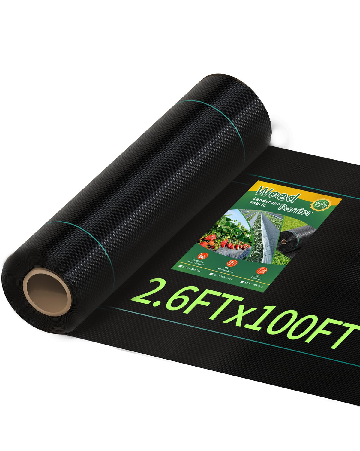 Pterying weed barrier fabric roll blocks weeds while allowing water and air to reach soil.