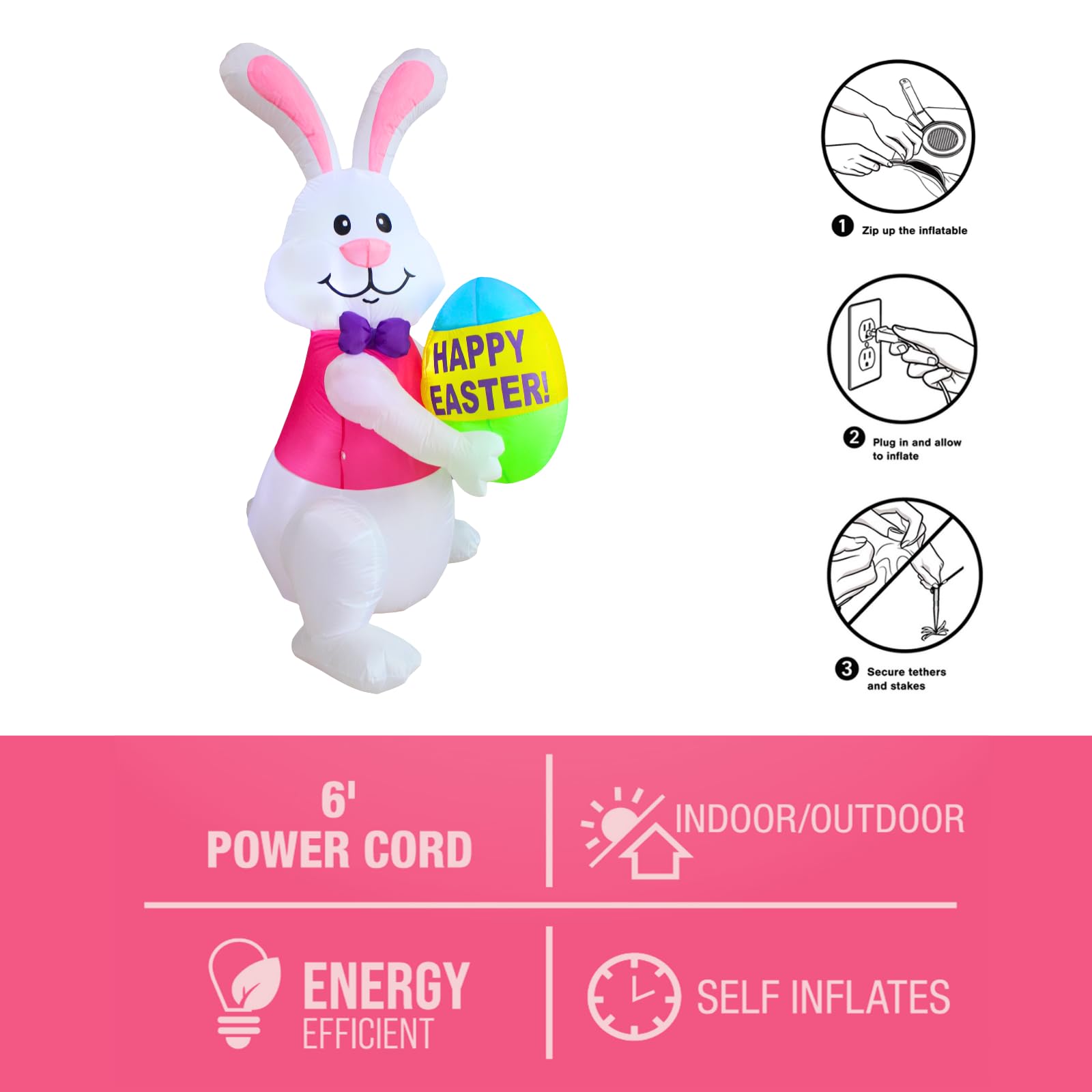 PTS easy setup Easter inflatable bunny with stakes and ropes for stability.