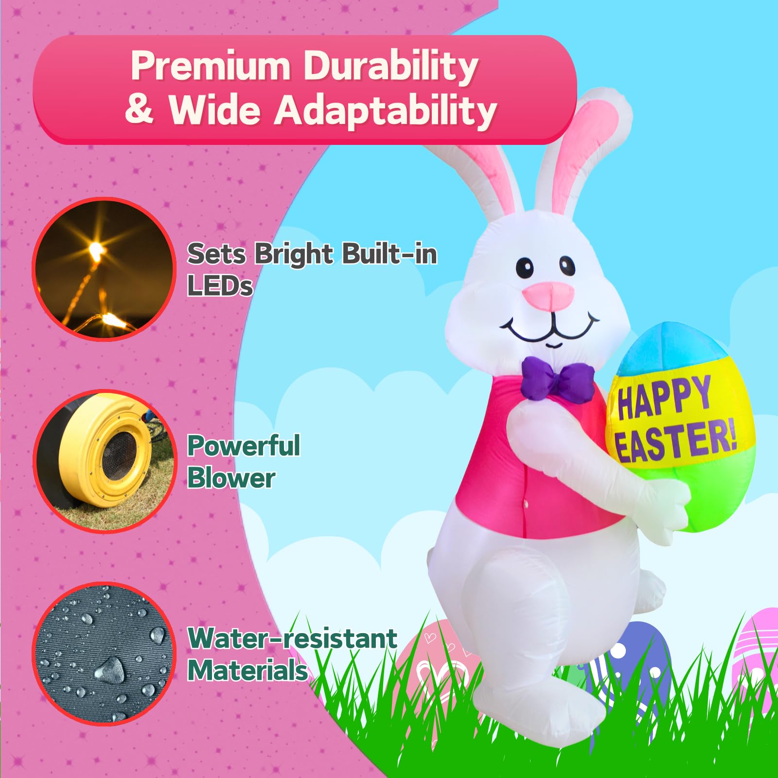 PTS weather-resistant Easter bunny inflatable withstands wind and rain.