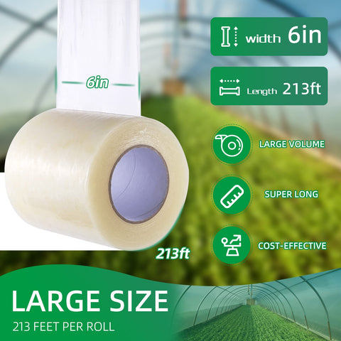 Pueatte UV-resistant clear tape on greenhouse cover protects from sun and moisture.