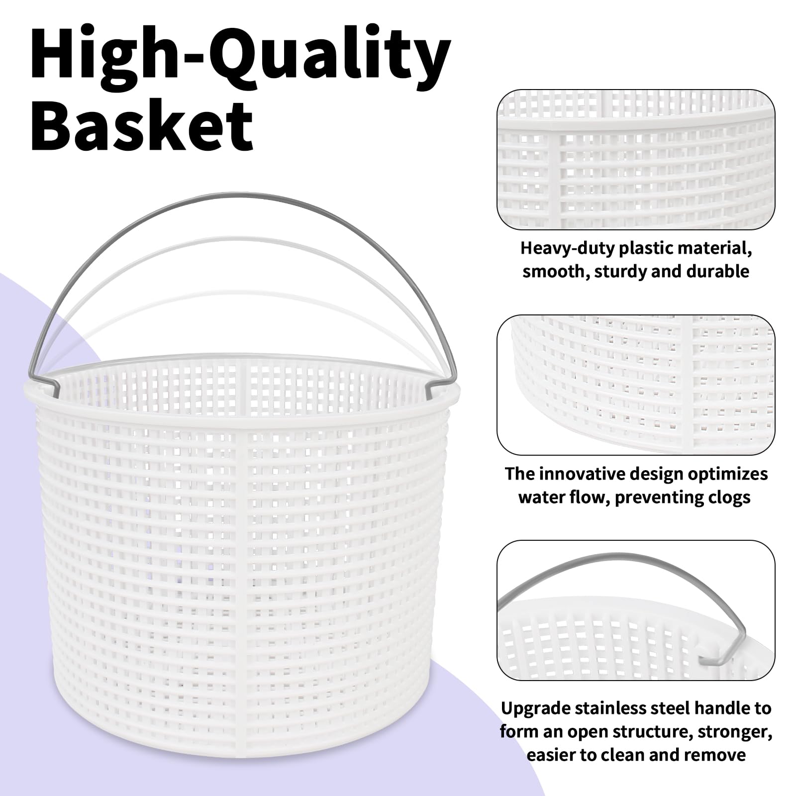 Pulems smooth-interior skimmer basket helps leaves rinse out quickly after storms.