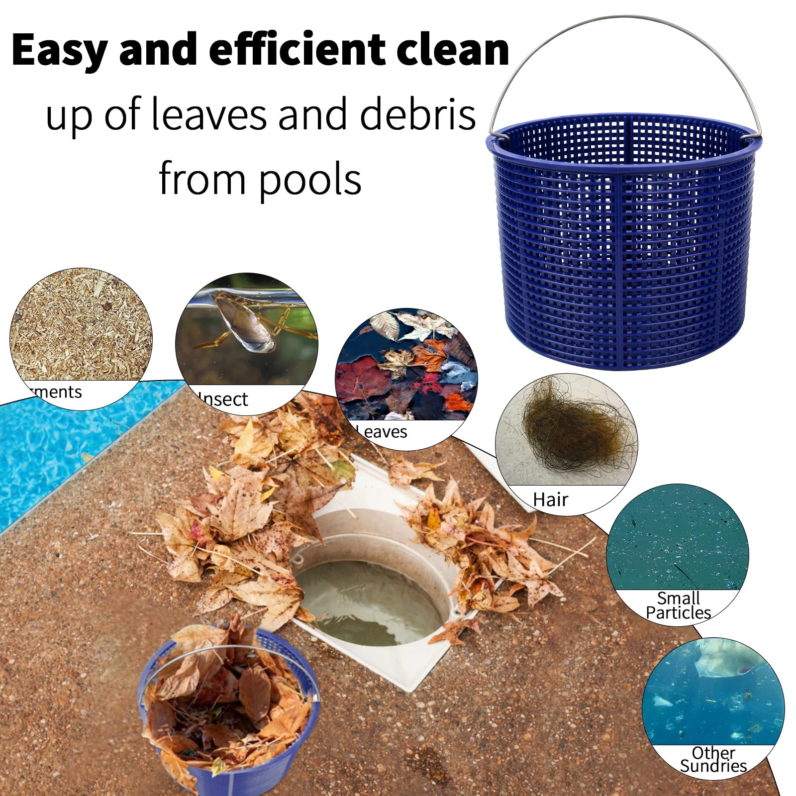 Pulems skimmer basket with stainless steel handle for easy removal