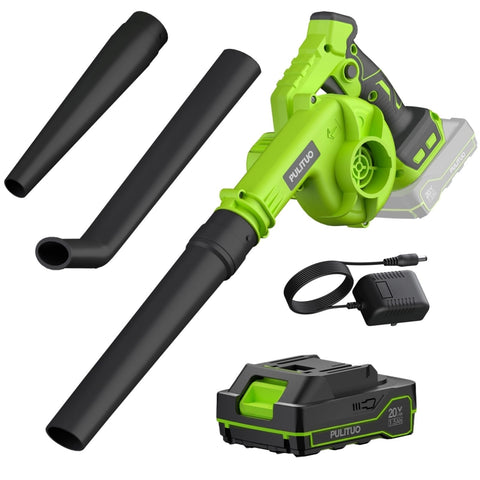 Pulituo leaf blower with battery and charger offers cordless convenience for quick yard cleanup.