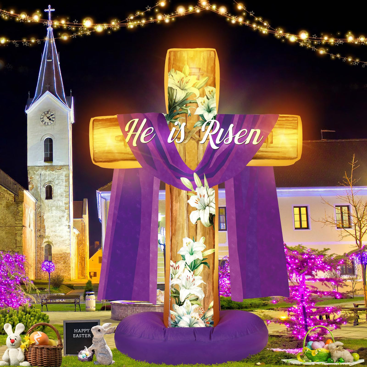 PullCrease Easter cross inflatable front view with LED lights for day and night visibility