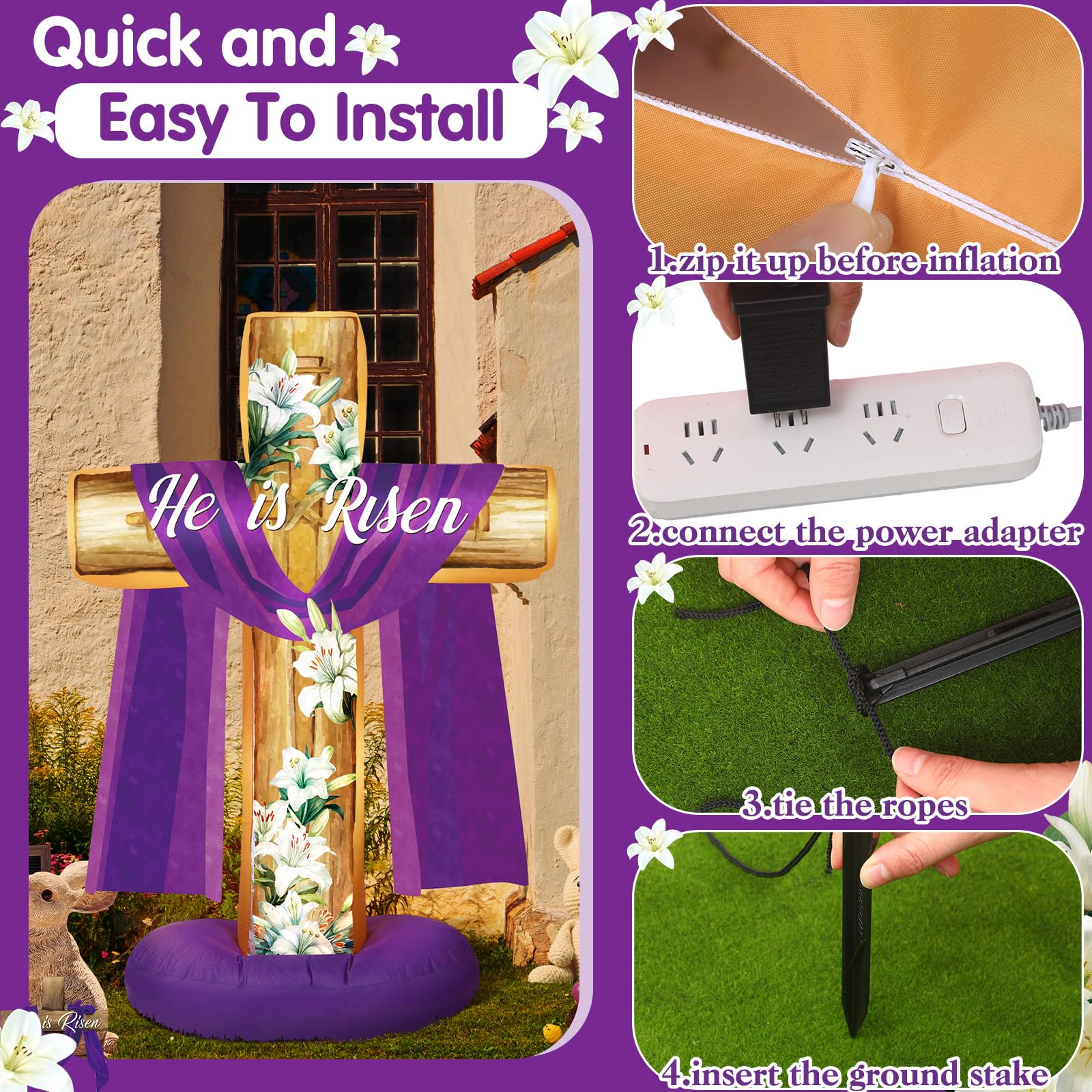 PullCrease Easter cross inflatable night view highlighting bright LEDs and curb appeal