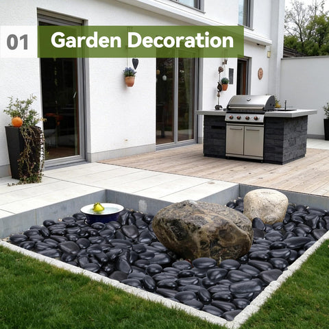Pulovin black stones in planters add depth and contrast to greenery.