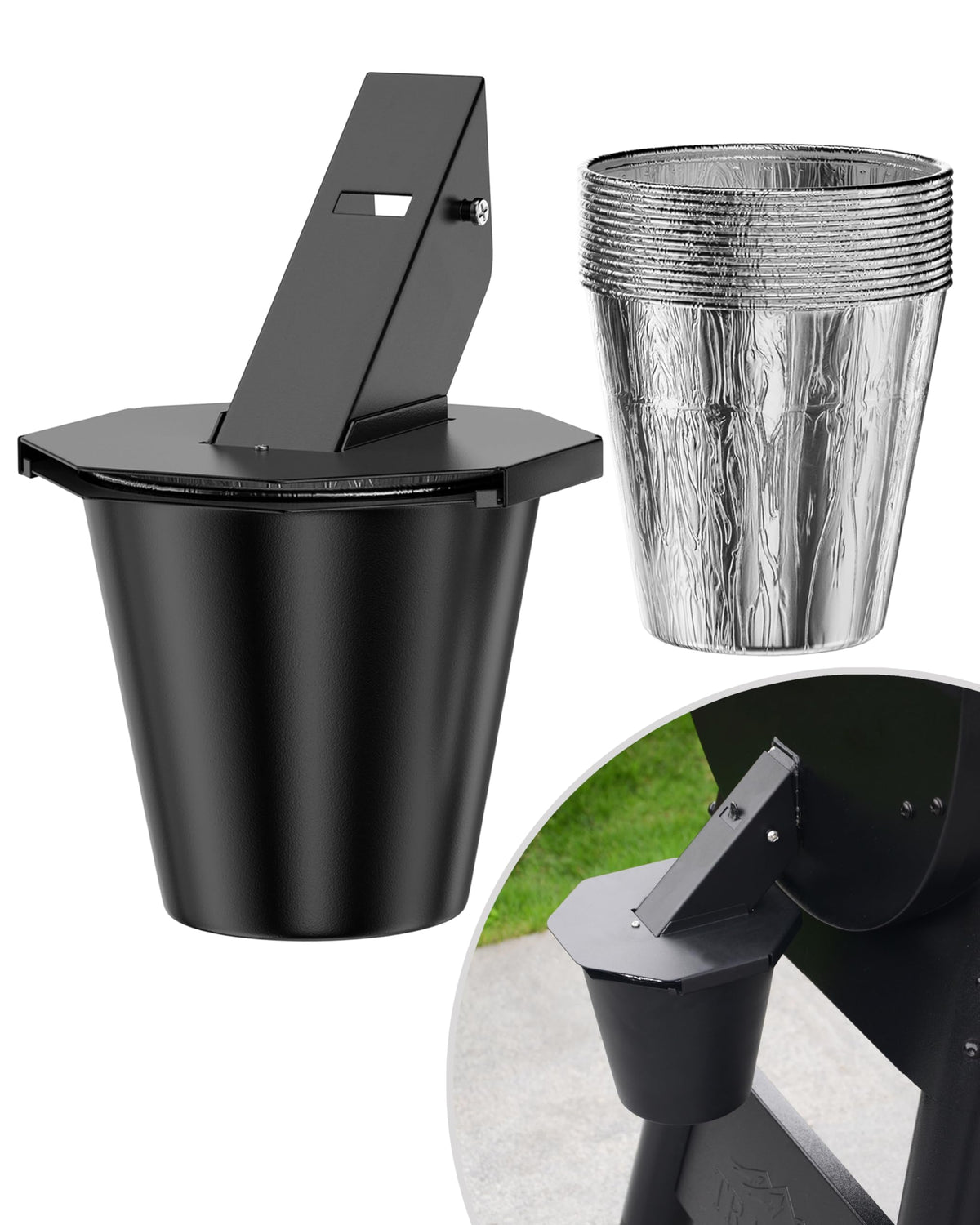 Pumdut grease bucket with secure lid attachment for stable drip collection.