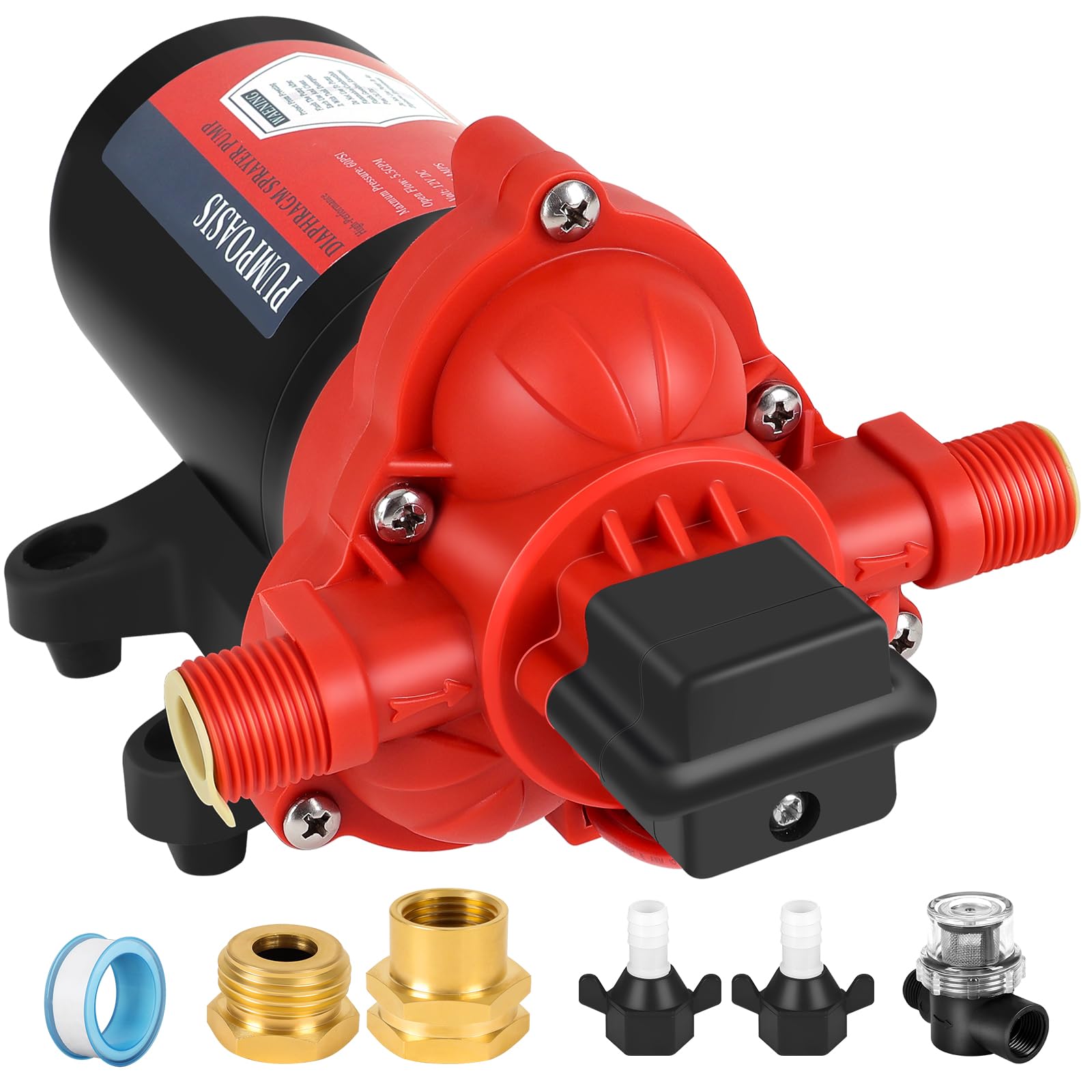 Pumpoasis 12V sprayer pump front view for versatile mounting and easy installation.