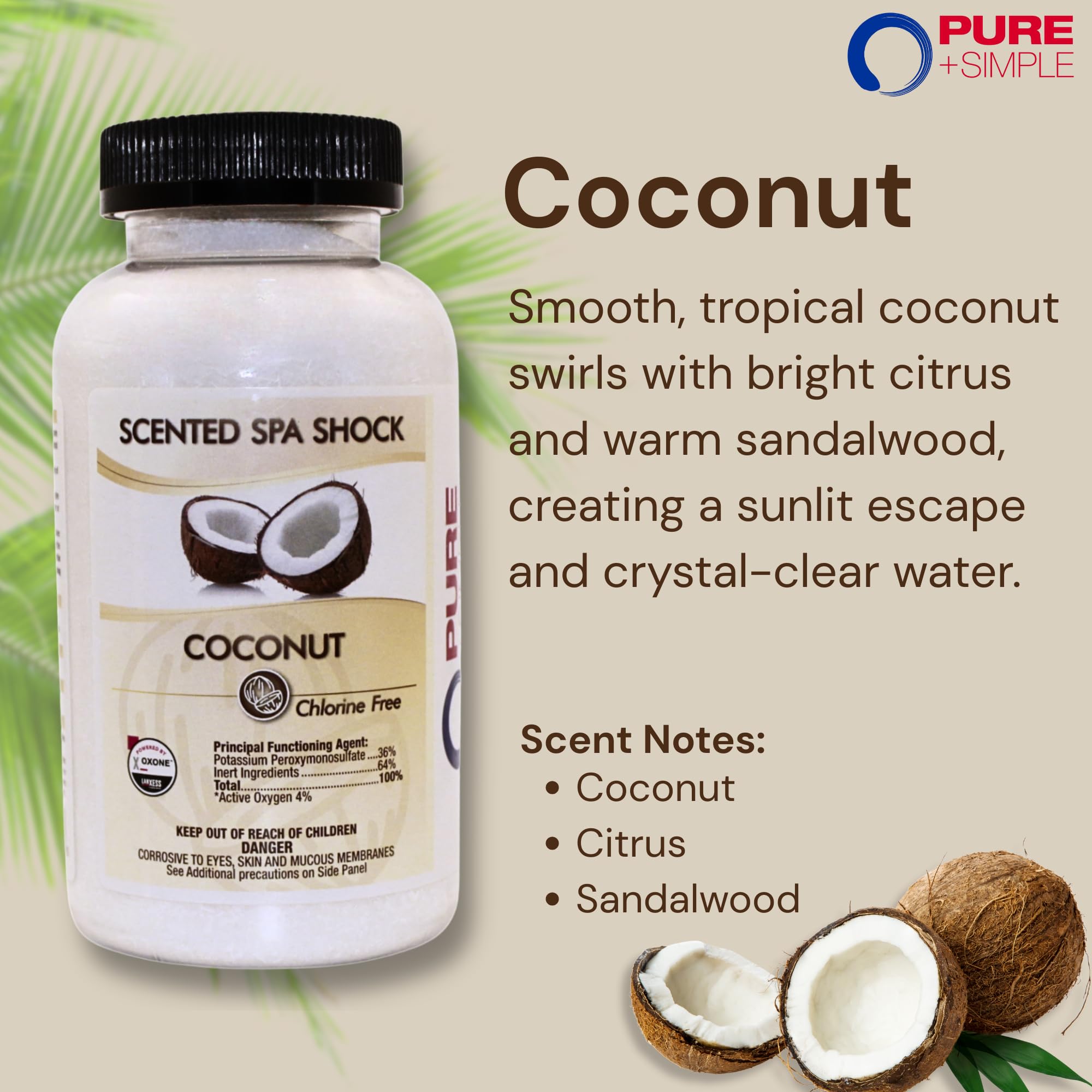 Pure and Simple Coconut Aromatherapy Spa Shock jar highlights premium formula for clear water