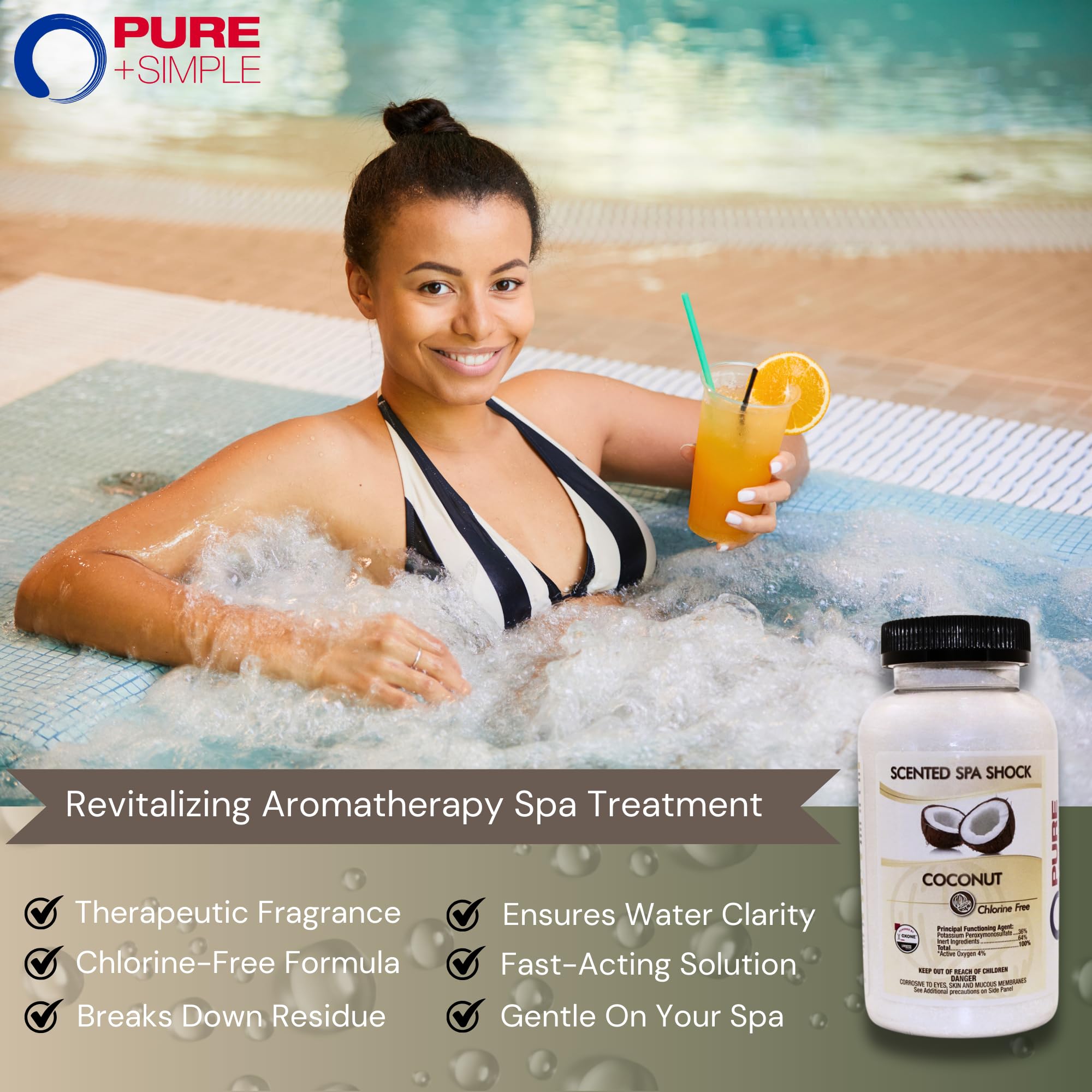 Pure and Simple Coconut Aromatherapy Spa Shock label showcases fragrance and usage tips