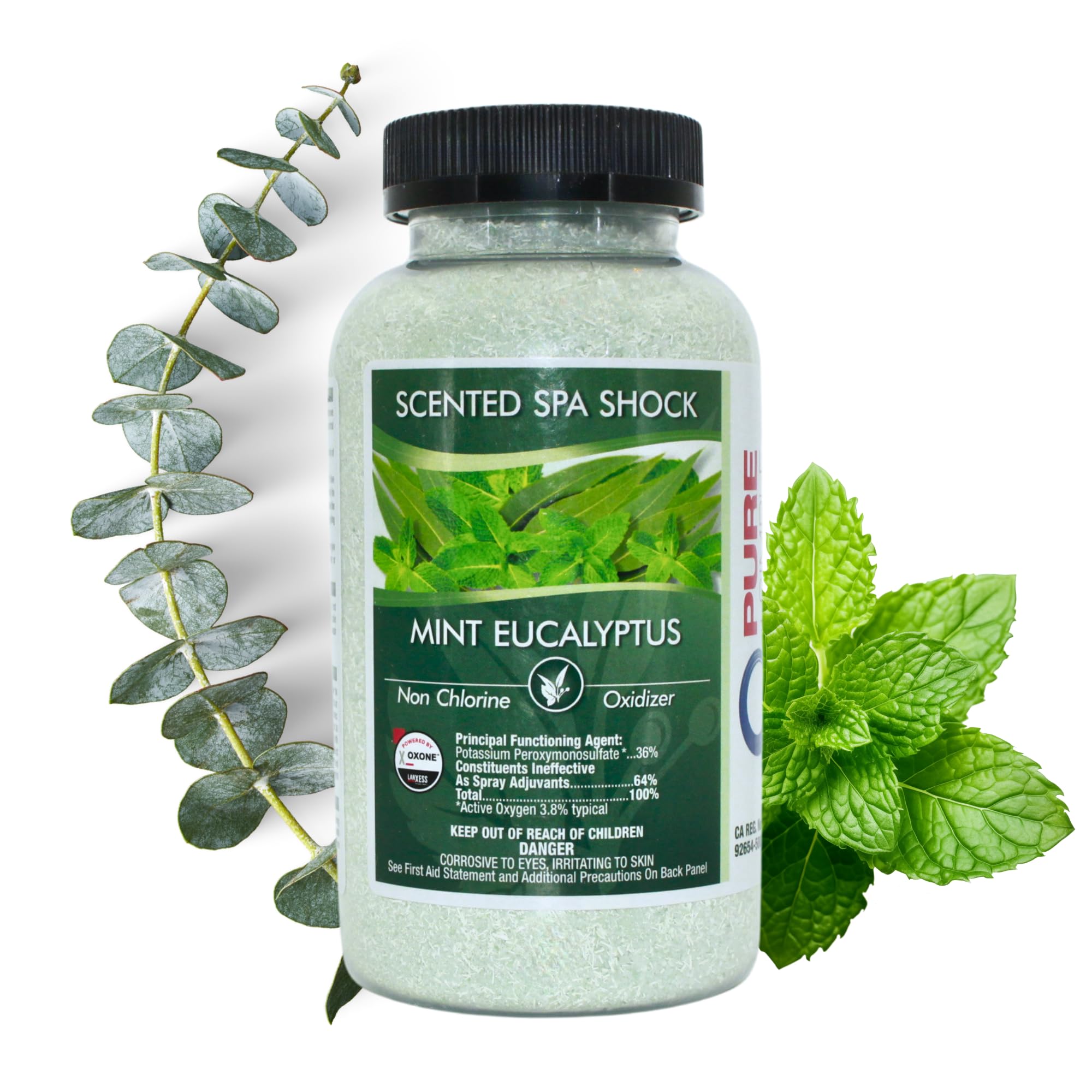 Pure and Simple eucalyptus spa shock bottle ready for quick water care in a hot tub.