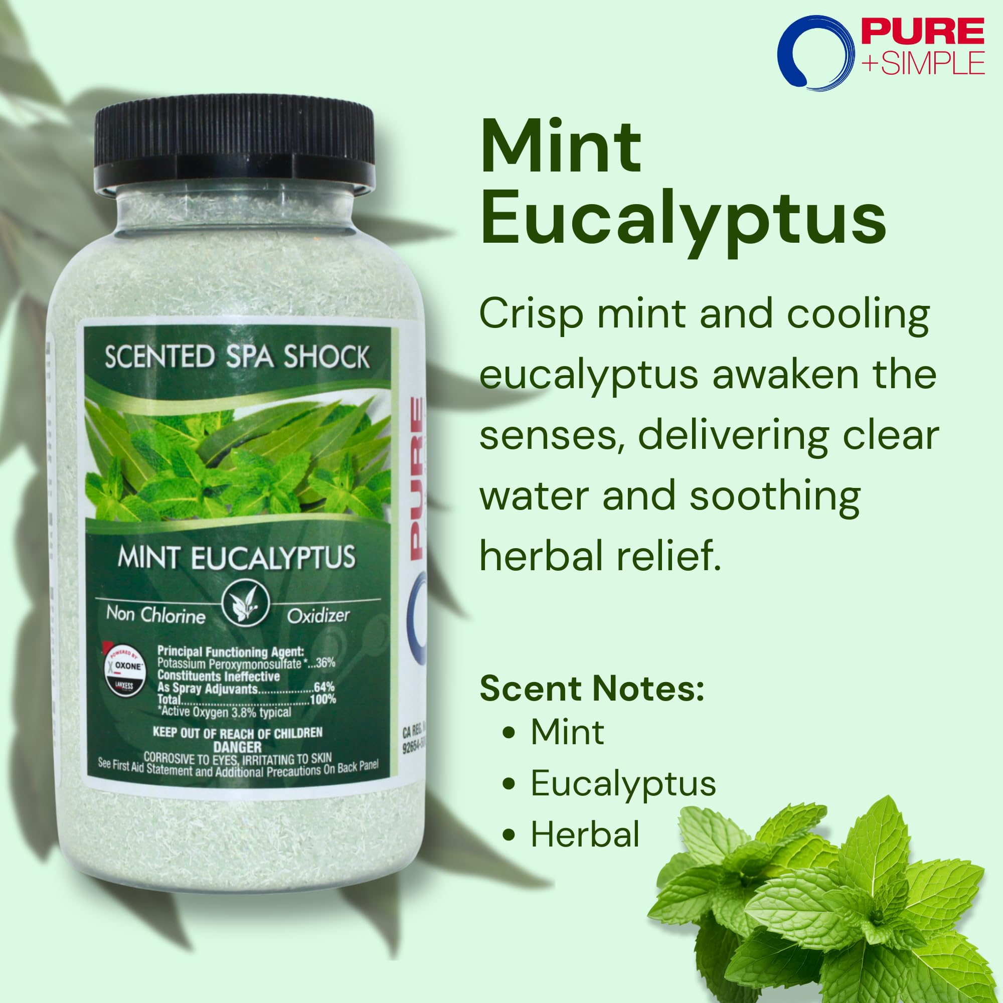 Close up of Pure and Simple eucalyptus spa shock label for premium formula.
