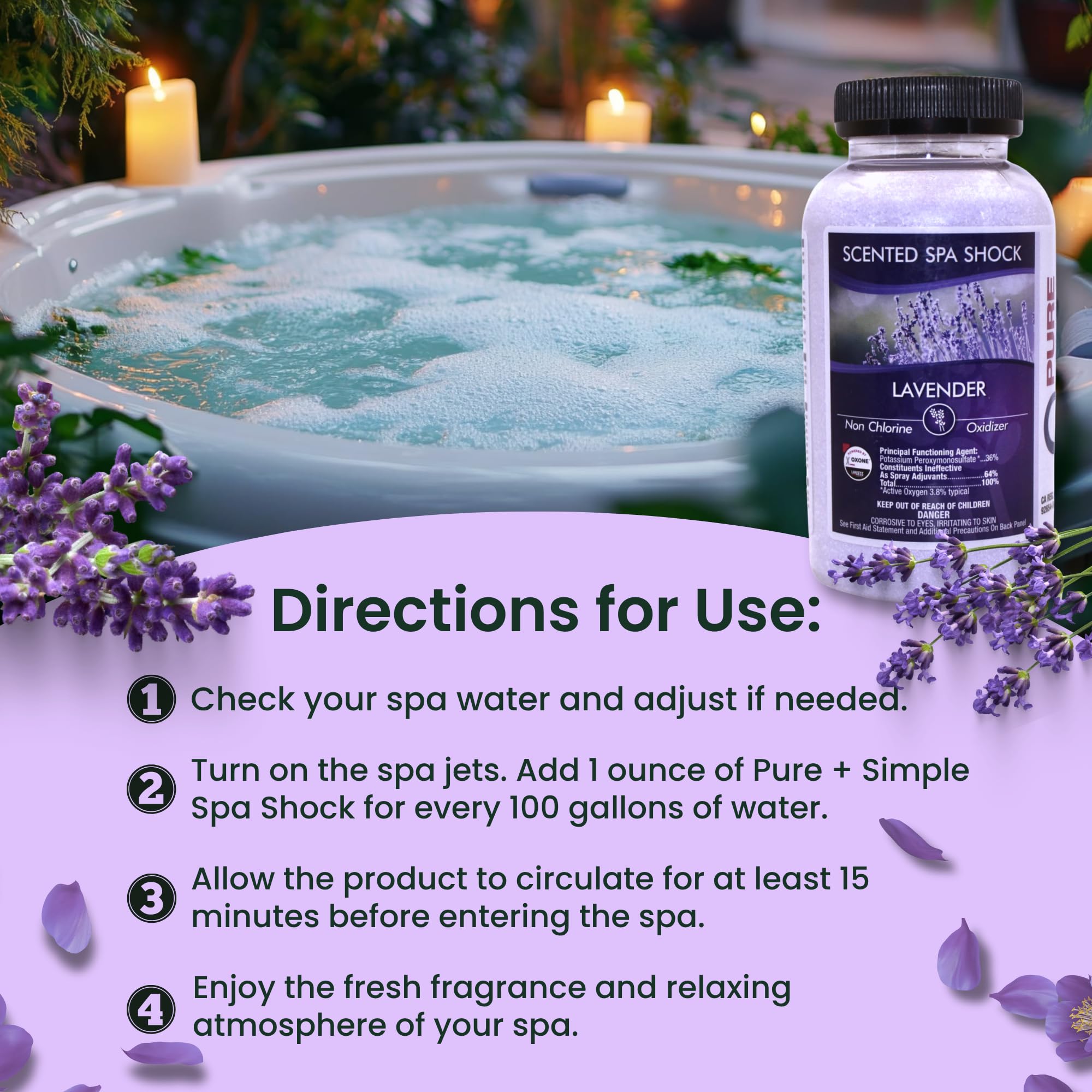 Backyard hot tub scene with Pure and Simple Lavender Spa Shock nearby