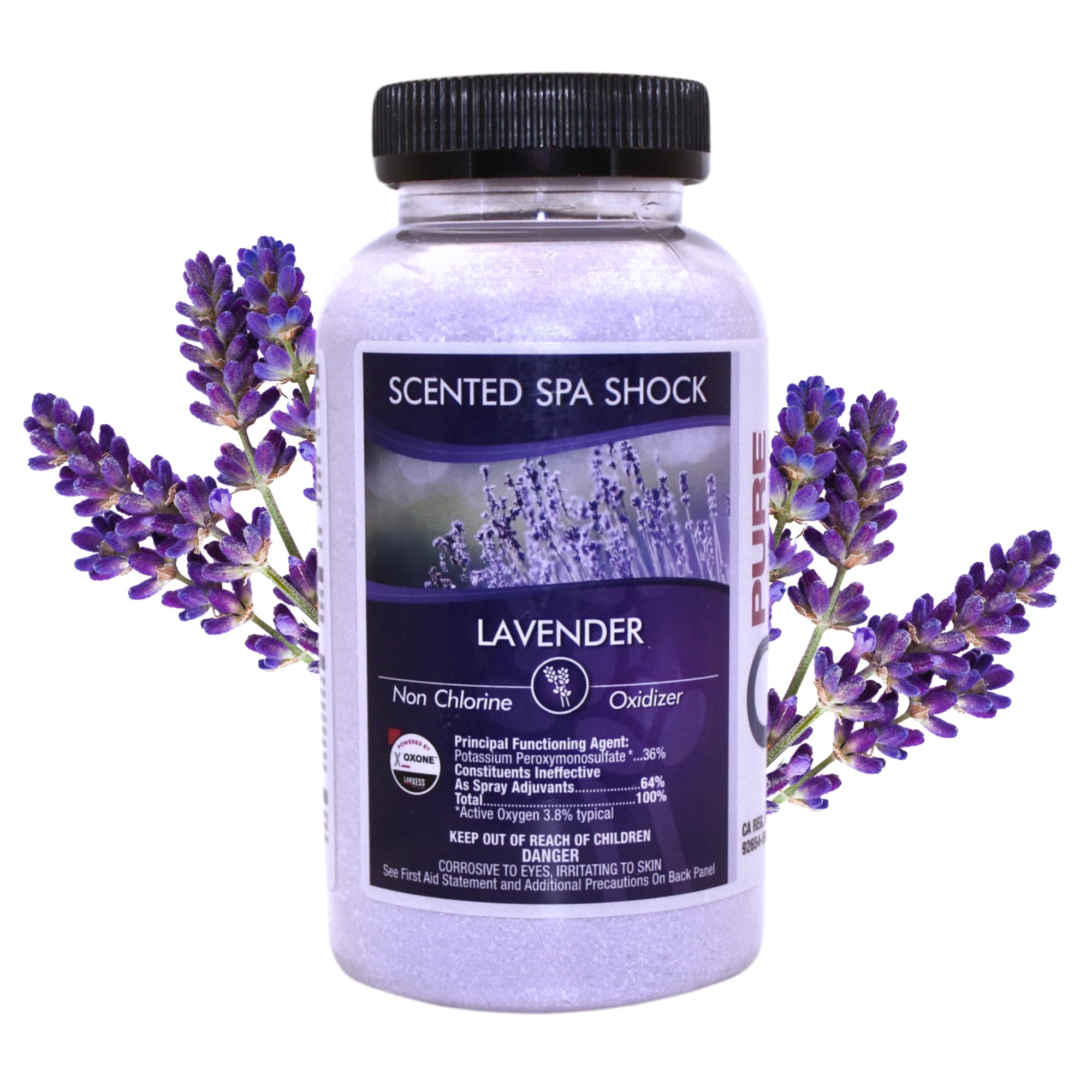 Pure and Simple Lavender Spa Shock jar label shows 2 lb size for clear, fragrance-enhanced water