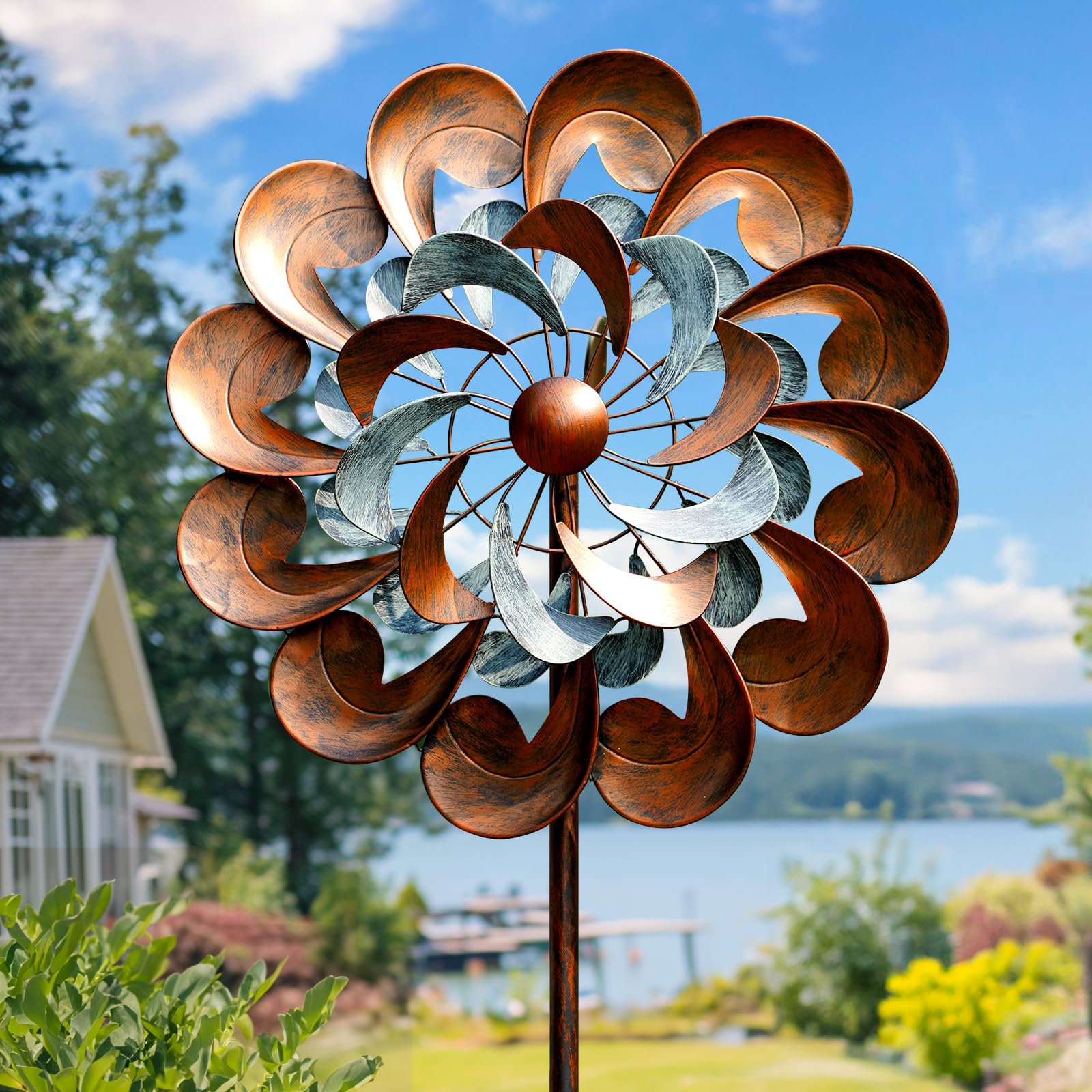 Pure Echo 84-inch metal wind spinner outdoors adds dynamic color to your yard.