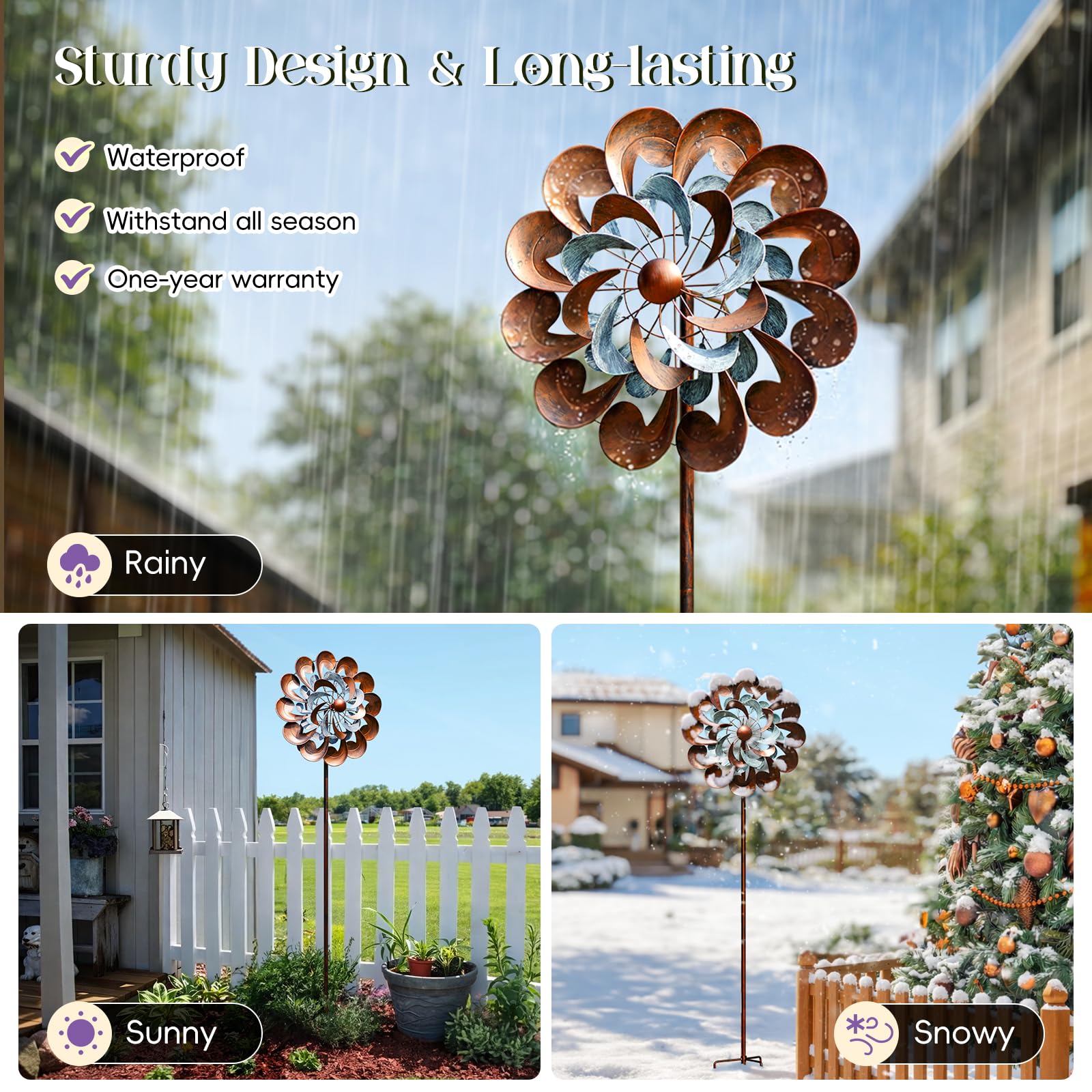 Pure Echo wind spinner uses weather-resistant coating to endure sun and rain.