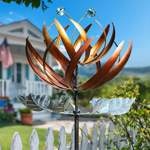 Pure Echo wind spinner lotus 84in front view displaying kinetic garden sculpture
