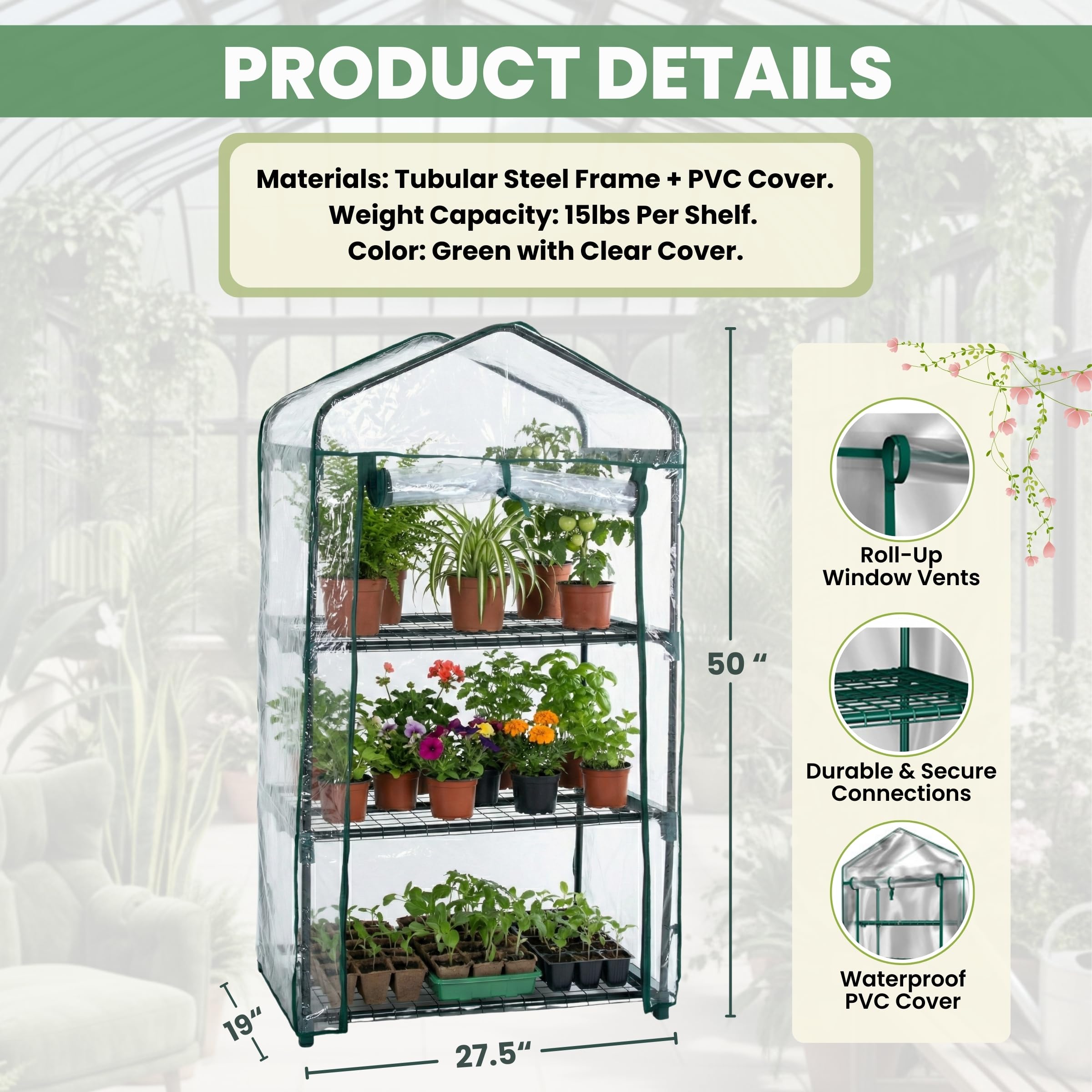 Pure Garden 27-5x19x50-inch greenhouse fits porches and sunrooms.