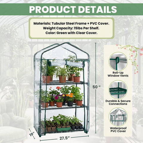 Pure Garden 27-5x19x50-inch greenhouse fits porches and sunrooms.