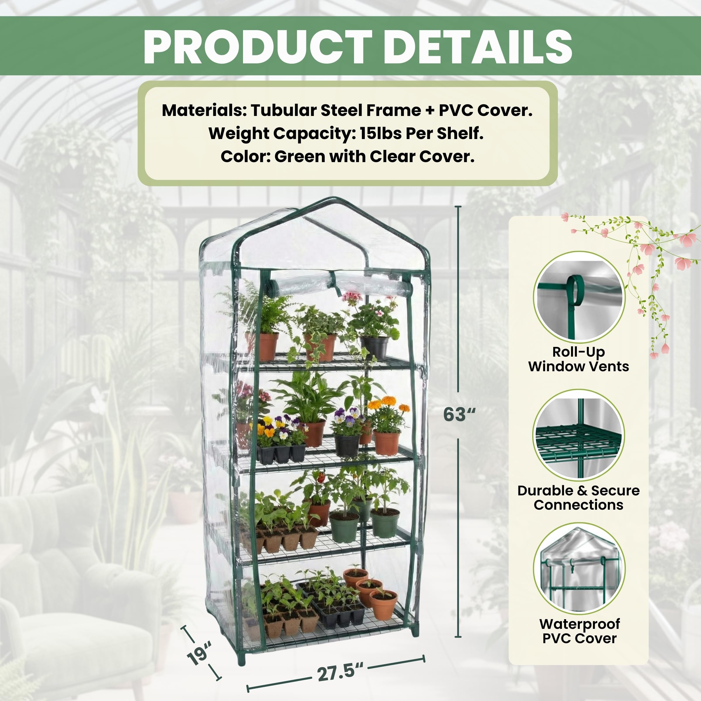 Pure Garden 4-Tier Greenhouse compact size on a deck highlights efficient gardening.