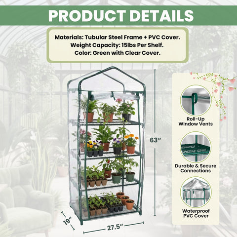 Pure Garden 4-Tier Greenhouse compact size on a deck highlights efficient gardening.