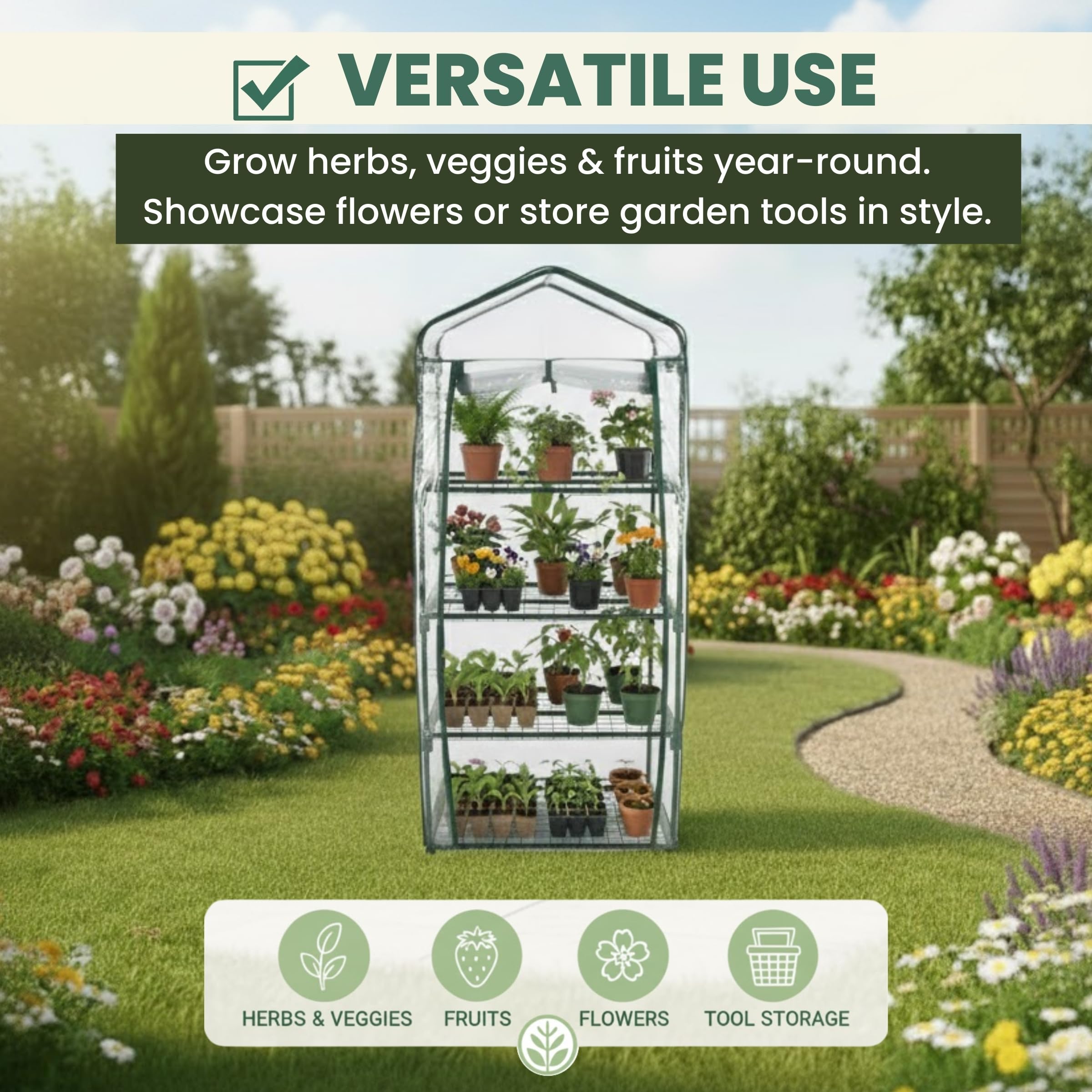 Pure Garden 4-Tier Greenhouse rust-resistant frame emphasizes durable steel construction.