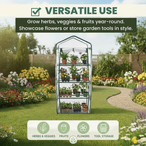 Pure Garden 4-Tier Greenhouse rust-resistant frame emphasizes durable steel construction.