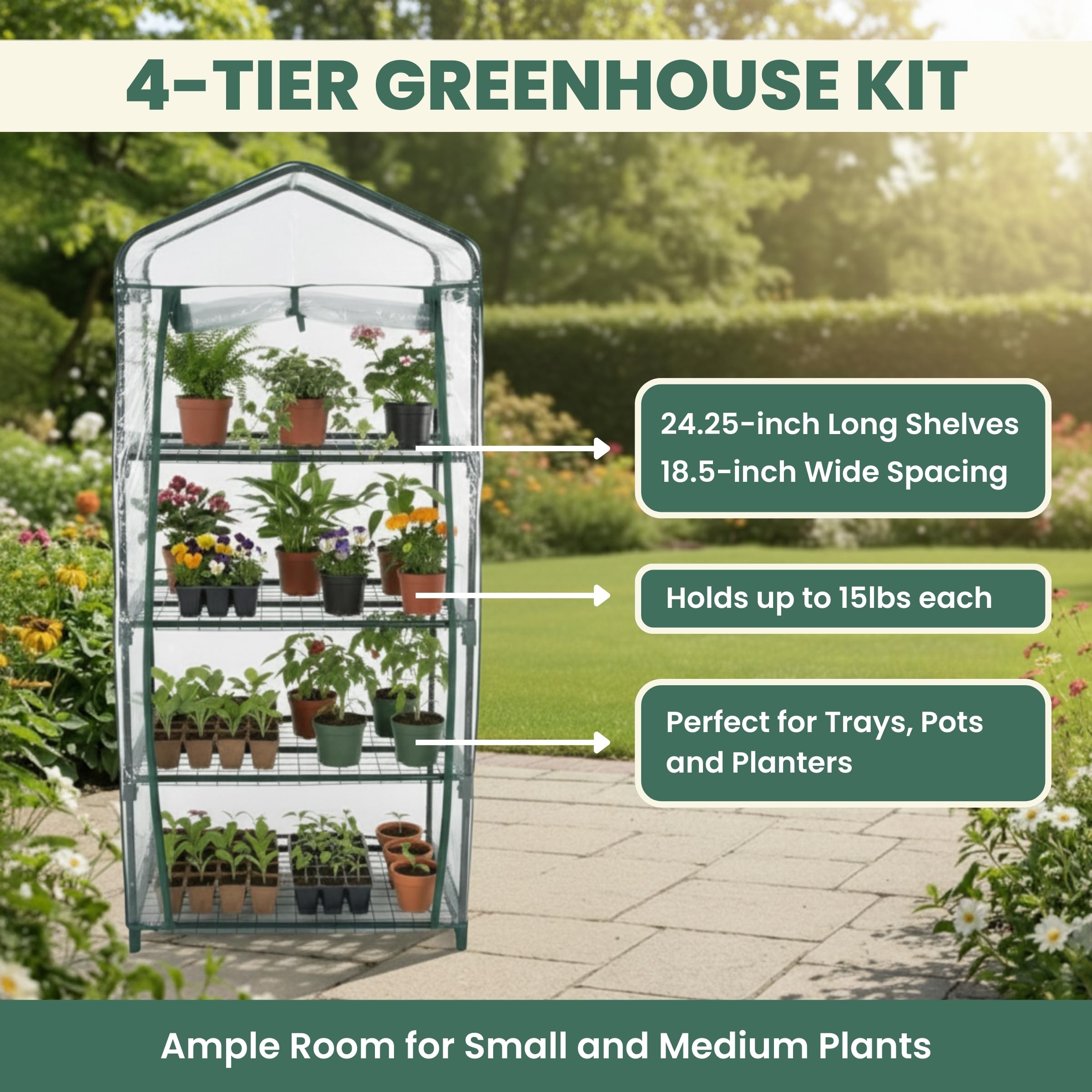 Pure Garden 4-Tier Greenhouse side view demonstrates compact footprint for balconies.