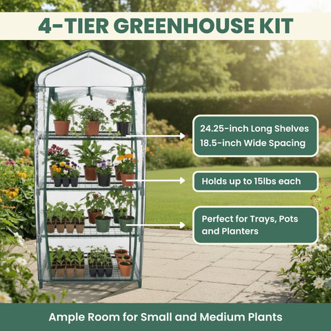 Pure Garden 4-Tier Greenhouse side view demonstrates compact footprint for balconies.