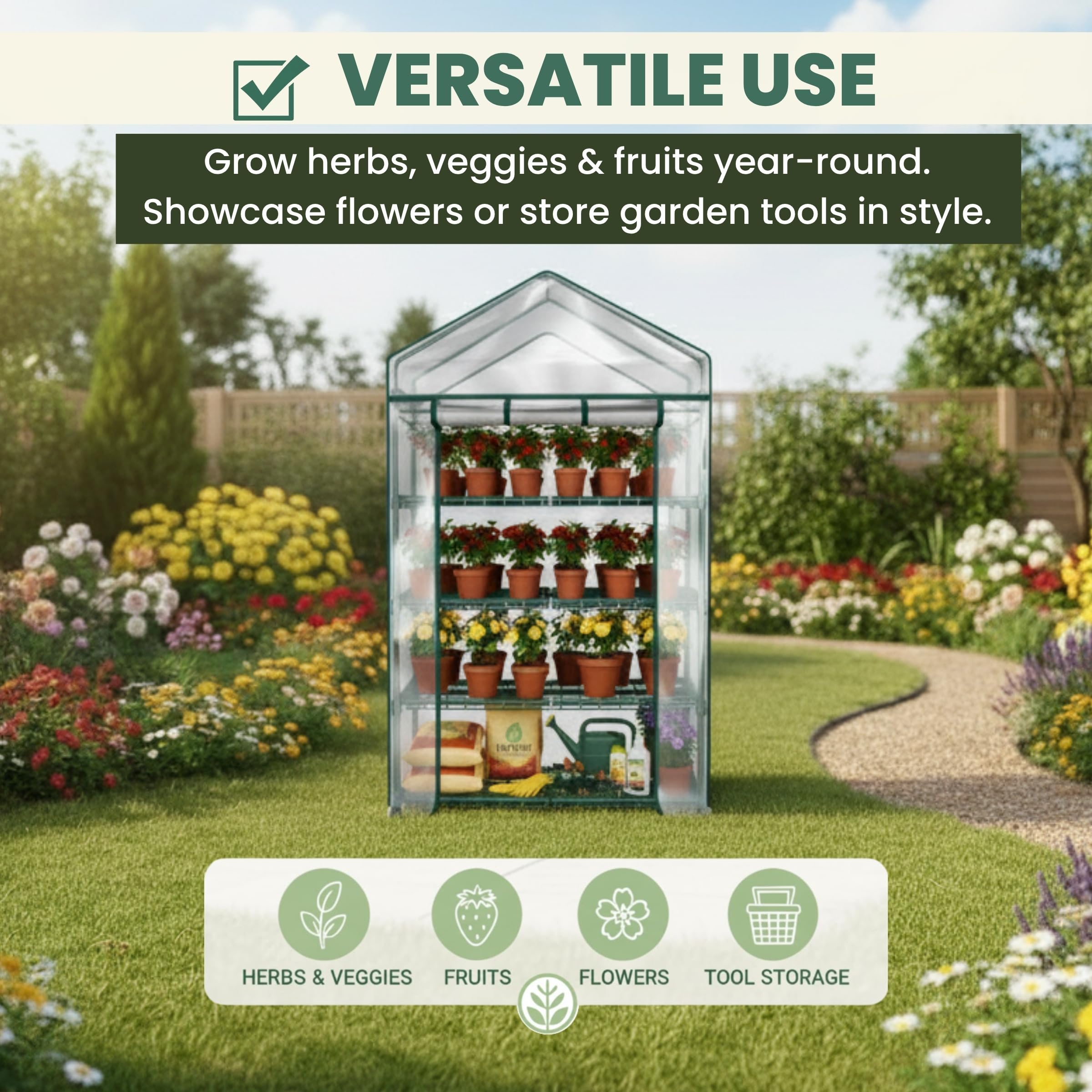 Pure Garden 4-Tier Mini Greenhouse PVC cover with roll-up door for ventilation
