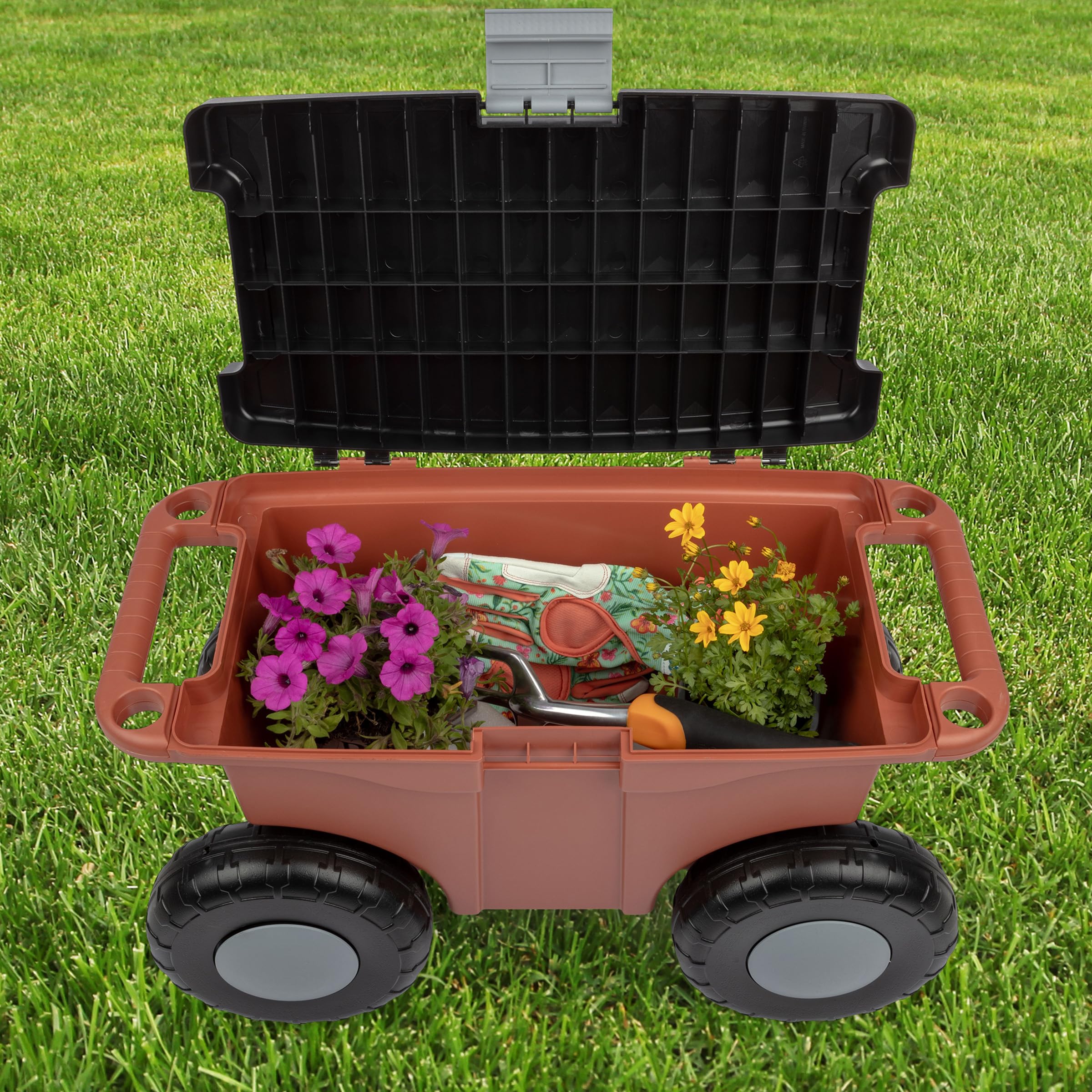Pure Garden rolling cart in terracotta with detailed dimensions and capacity.