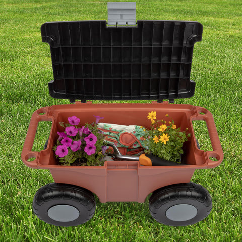 Pure Garden rolling cart in terracotta with detailed dimensions and capacity.