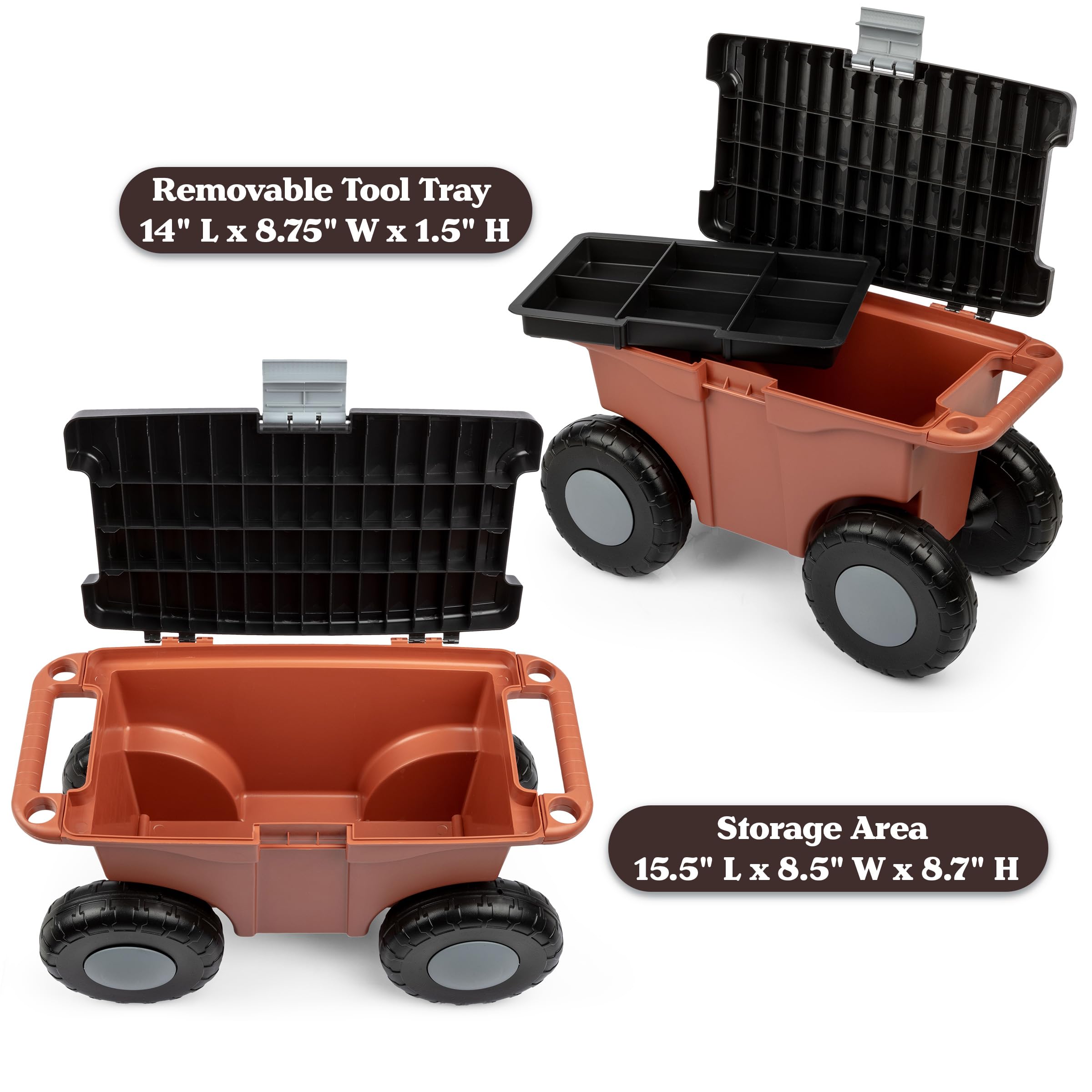 Pure Garden cart interior storage space with organized tools and gloves.