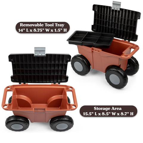 Pure Garden cart interior storage space with organized tools and gloves.