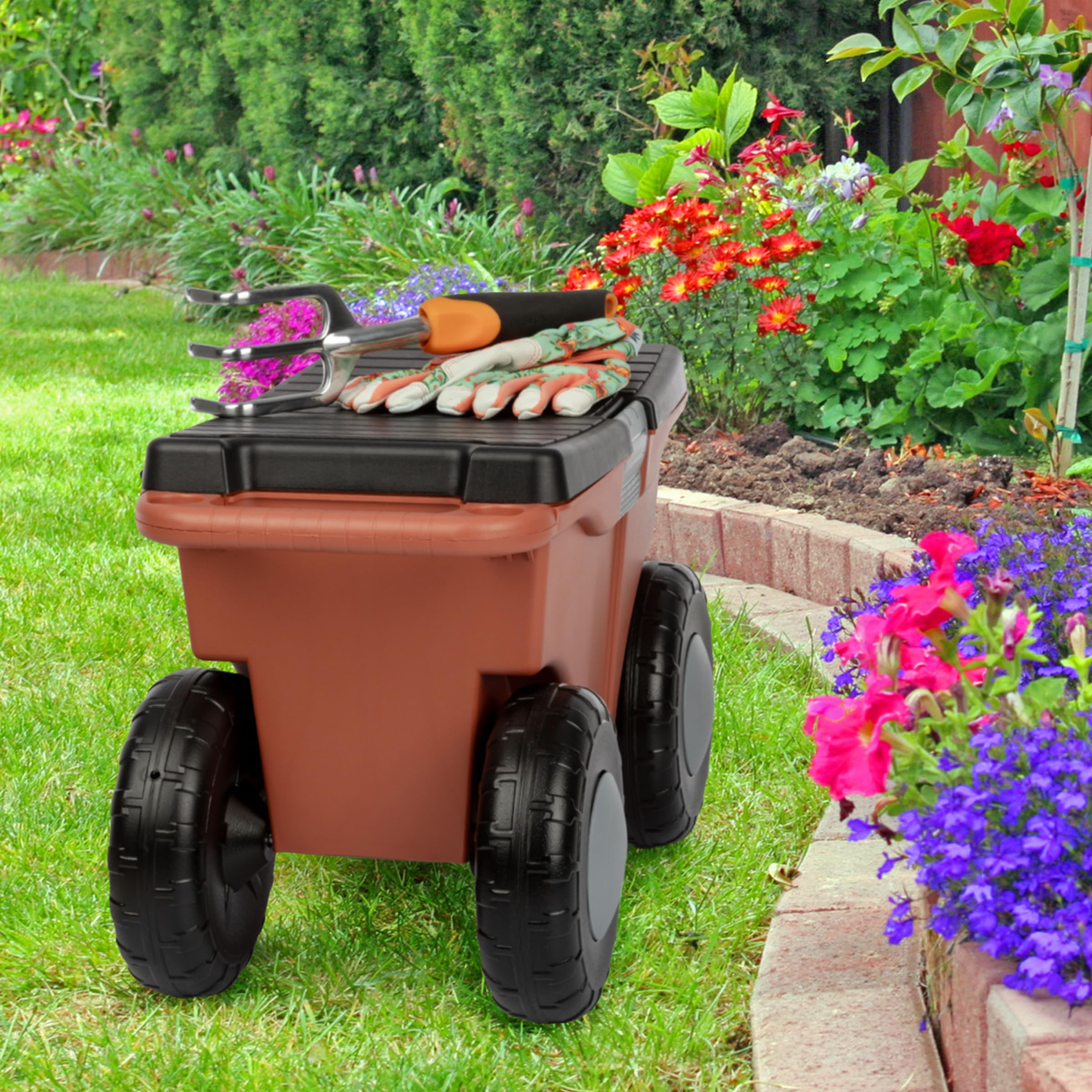 Pure Garden cart in use, transporting tools and plants for planting tasks.