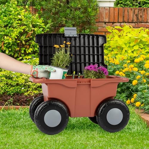 Pure Garden cart seat lid open showing interior storage and removable tool tray.