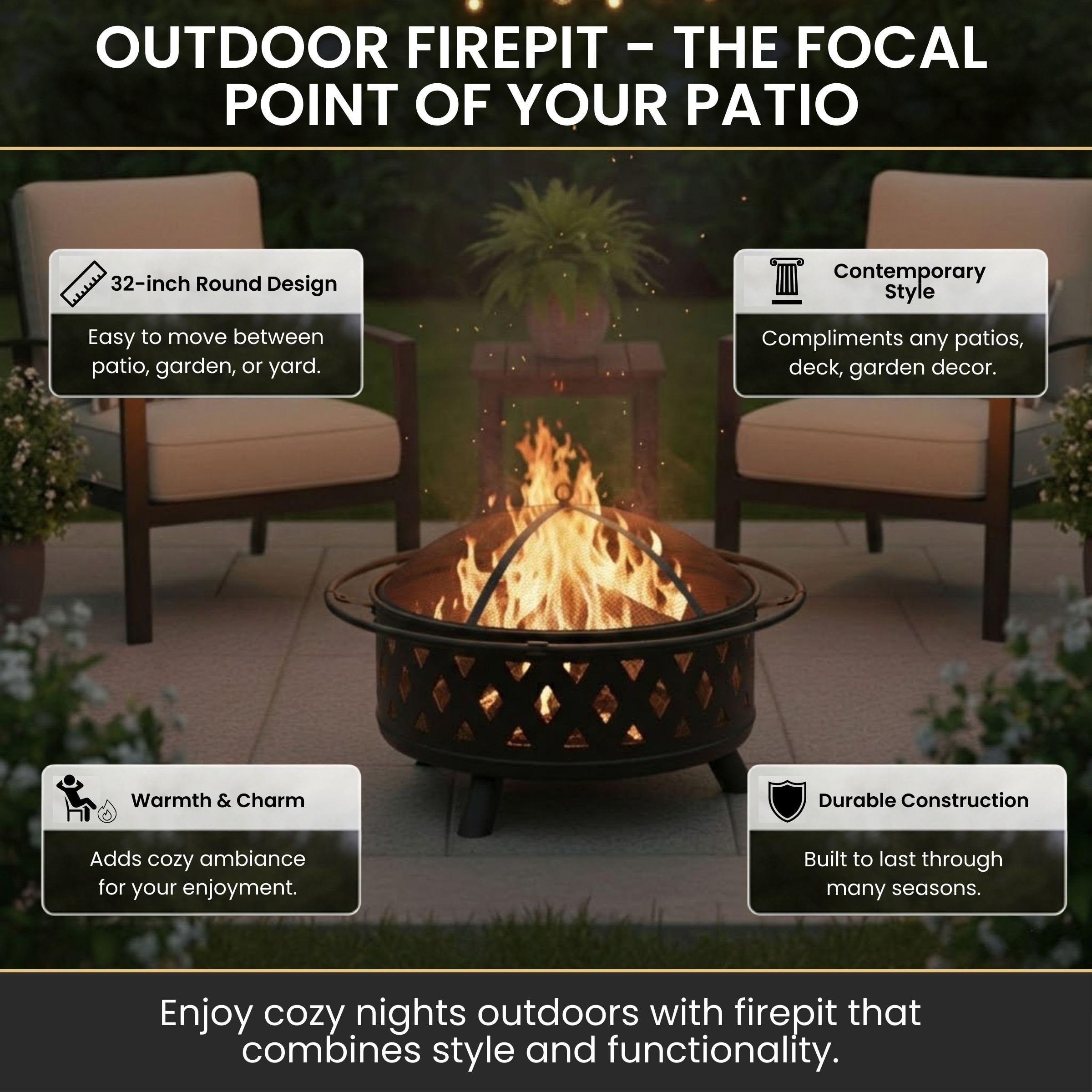 Pure Garden Fire Pit cross-weave pattern adds decorative warmth and curb appeal.