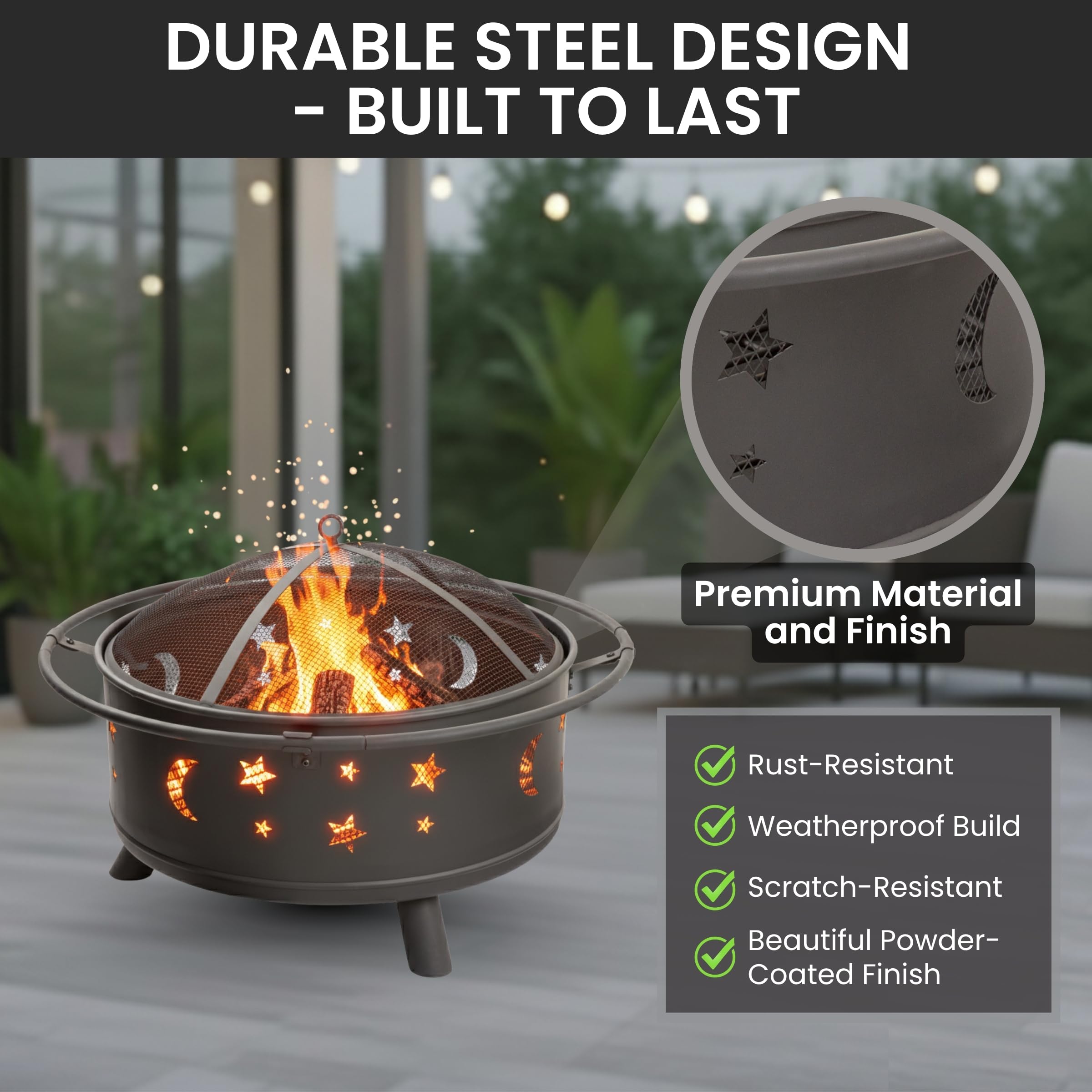 Pure Garden powder-coated steel fire pit offers durable outdoor use