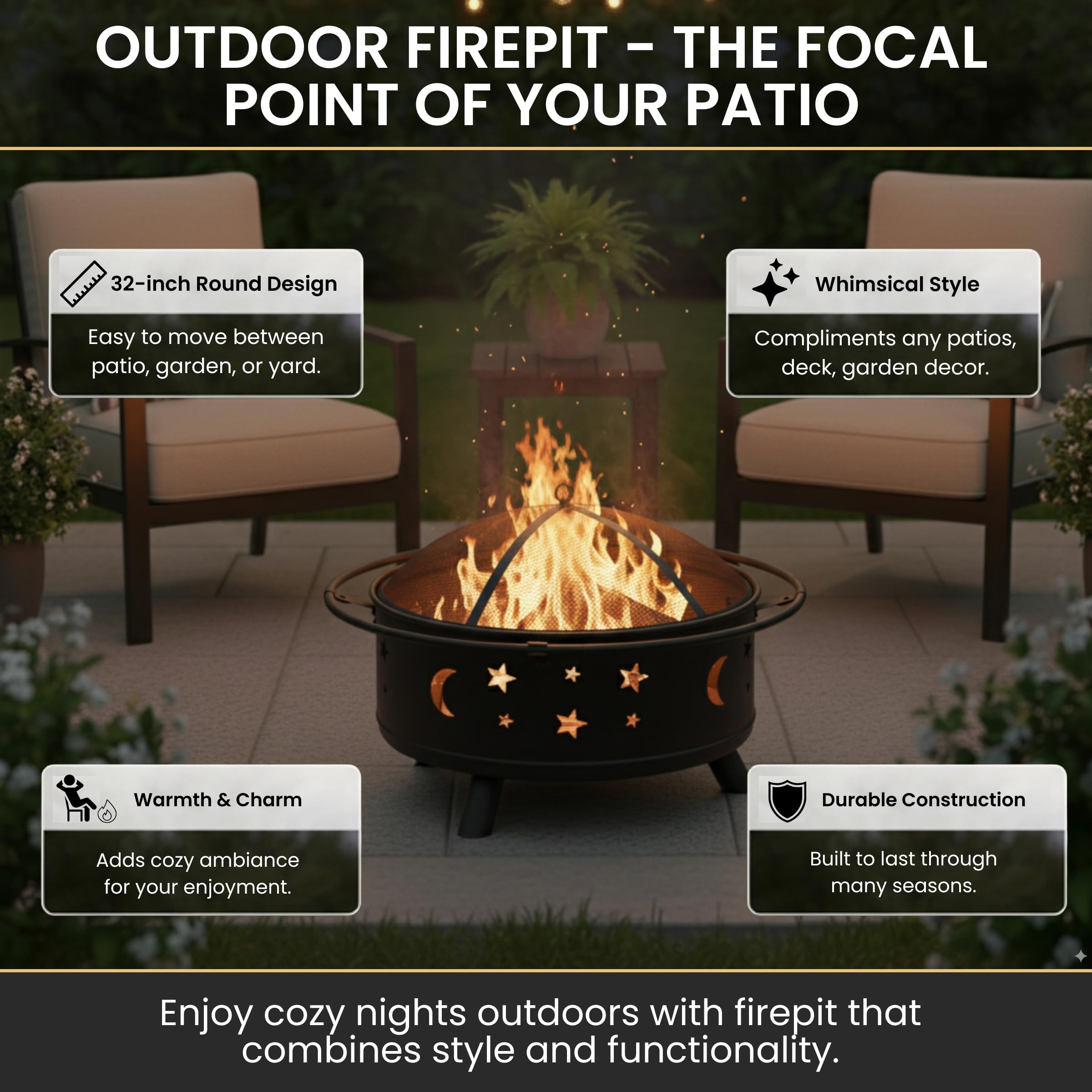 Pure Garden fire pit star and moon cutouts add whimsical ambiance
