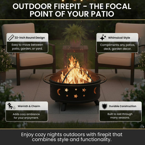 Pure Garden fire pit star and moon cutouts add whimsical ambiance