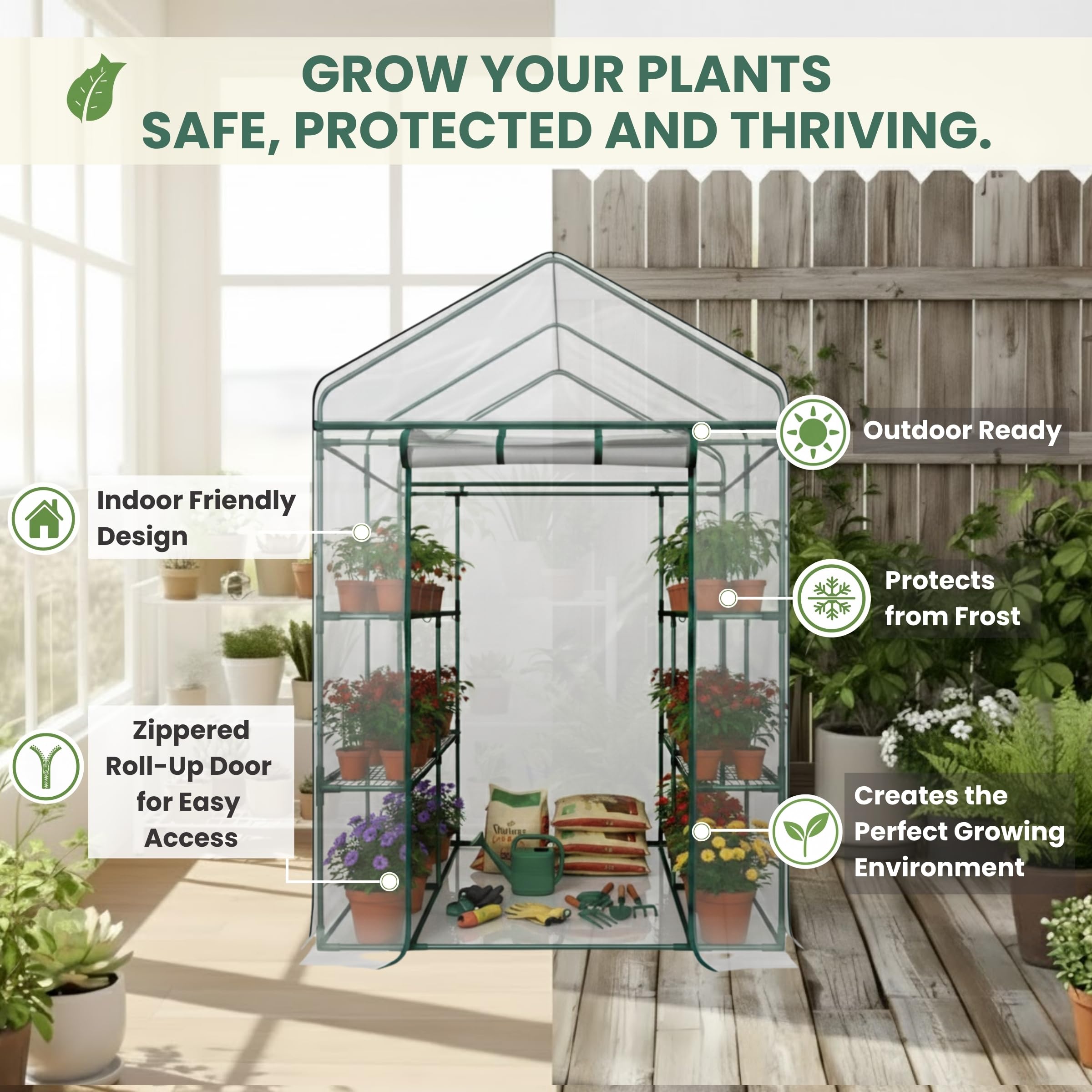 Pure Garden Greenhouse with 8 shelves organized for trays and pots.