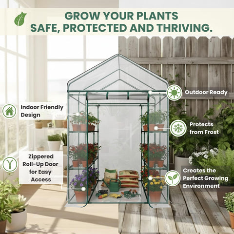 Pure Garden Greenhouse with 8 shelves organized for trays and pots.